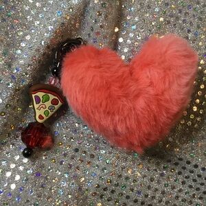 Pink Heart Keychain with Pizza Charm